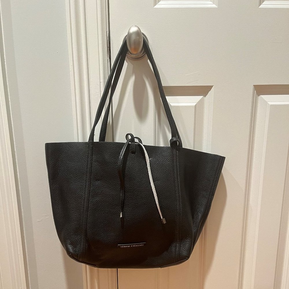 Armani Exchange Large Reversible Pebble Tote with Pouch in Black/Silver